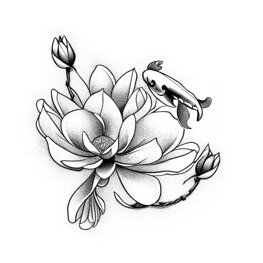 Magnolia Flowers With Koi Fish