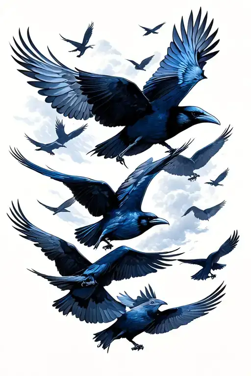 Raven Flock Flying Blue Bird Flying In The Sky