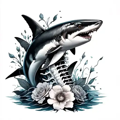 Floral Spine Tattoo With Sharks Swimming Up The Spine