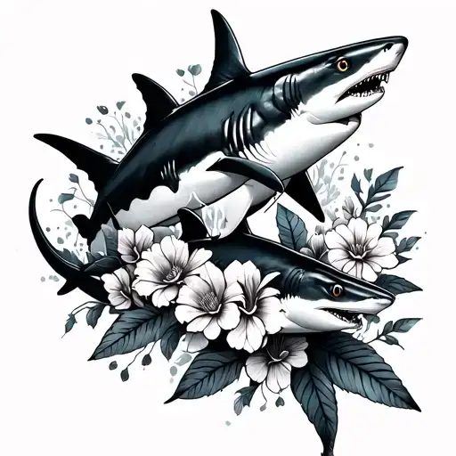 Floral Spine Tattoo With Sharks Swimming Up