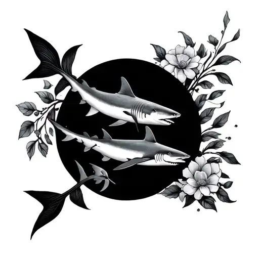 Fine Line Floral Spine Tattoo With Small Fine Line Sharks Swimming Up