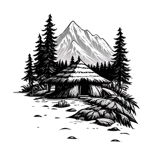 Indigenous Hut In The Middle Of The Forest And Mountains