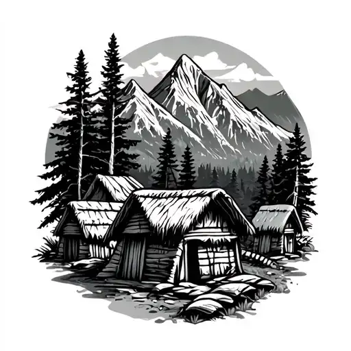 Several Indigenous Huts In The Middle Of The Forest And Mountains