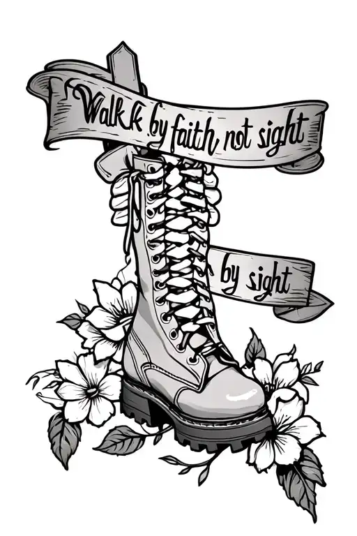 Cross With Boots And Flowers Spine Tattoo With The Words Walk By Faith Not By Sight