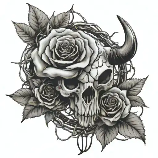 Rose With Barb Wire Around It With A Bull Skull In The Middle