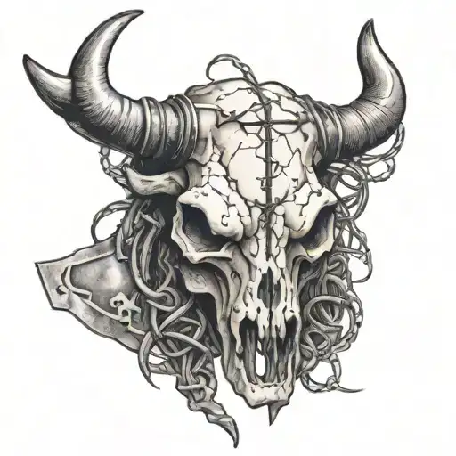 Bull Skull With Barb Wire Wrapped Around The Horns