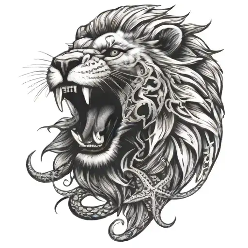 Lion Roaring With A Snake Wrapped Around It And A Starfish