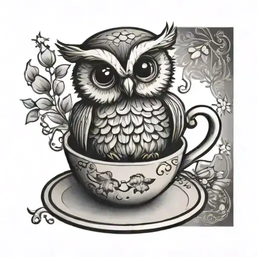 Happy Cute Owl Balancing On Teacup Simple
