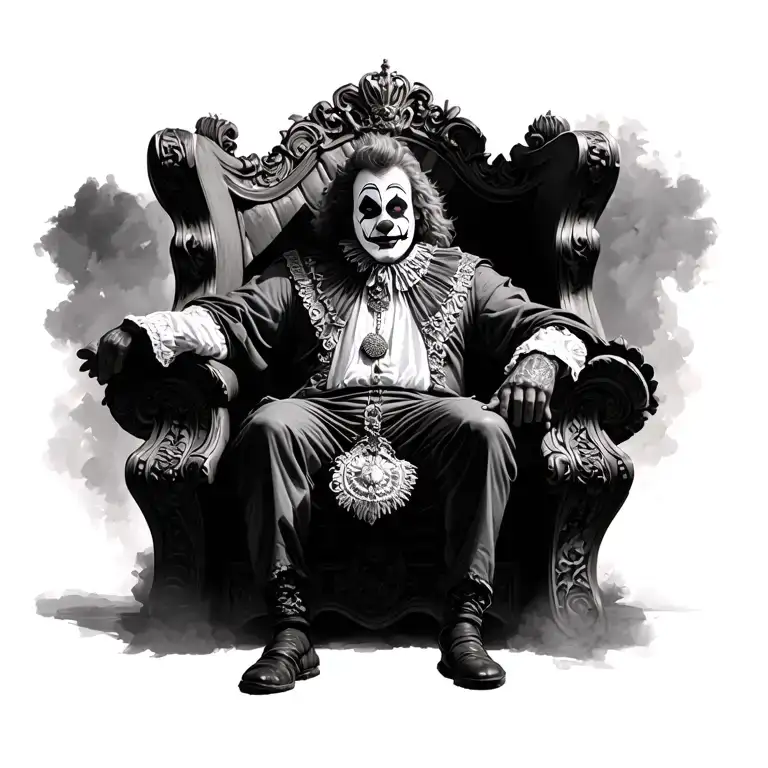 A Realistic King Sitting On His Throne With Clown Makeup