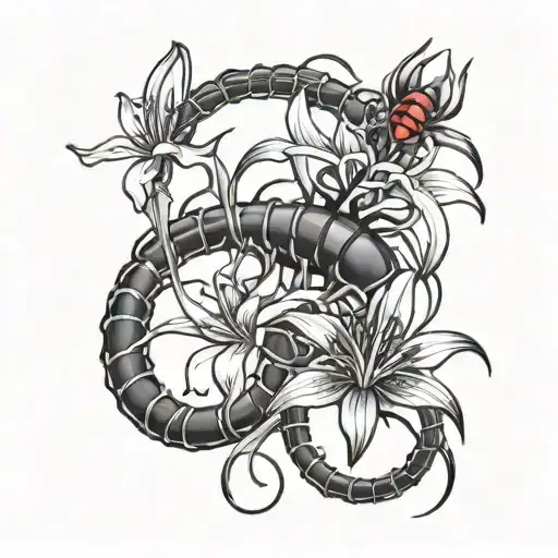 Neotribal With A Black Centipede And A Red Spider Lily Crawling On It