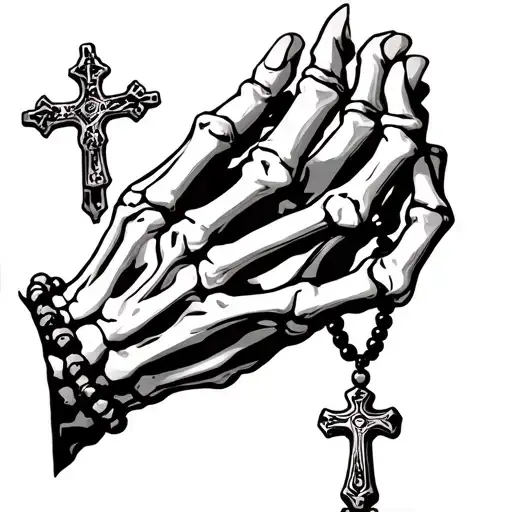 Skeleton Hand Holding Prayer Beads And Cross