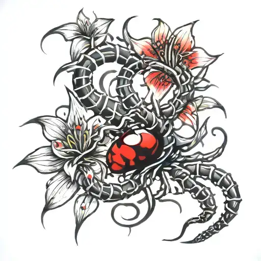 Neotribal With A Black Centipede And A Red Spider Lily Crawling On It