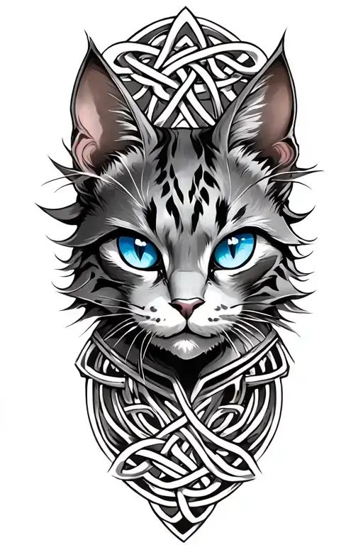 Cheshire Cat With Blue Eyes On Armor Tattoo Design Featuring Celtic Trinity Knot