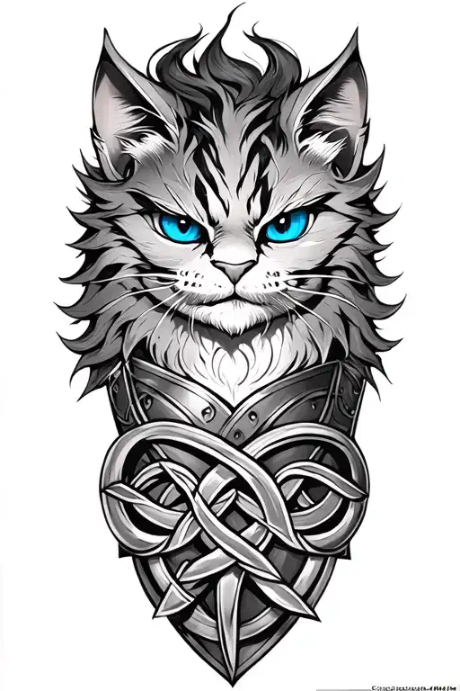 Evil Cheshire Cat With Blue Eyes On Armor Tattoo Design Featuring Celtic Trinity Knot
