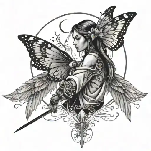 Female Souk With Butterfly Wings Moving Towards Moon With Sword In Hands