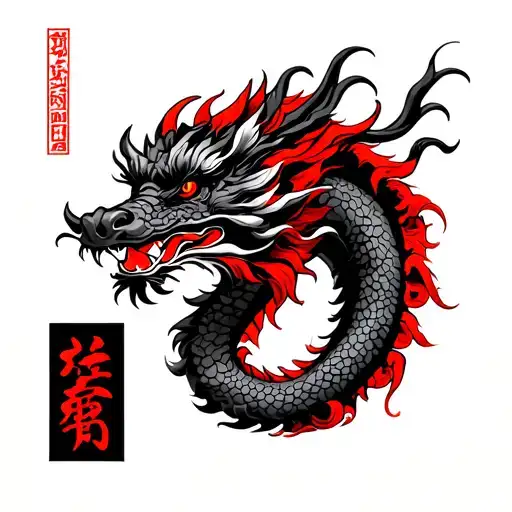 Chinese Stamp With Dragon And Luck Symbol In Red