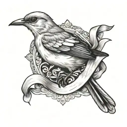 Mocking Bird Holding White Ribbon