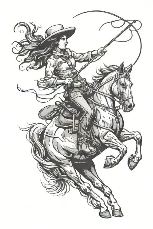 Cowgirl On A Horse Roping A Calf