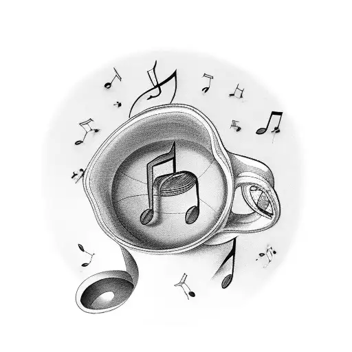 A Coffee Cup Surrounded By Musical Notes And Travel Stamps