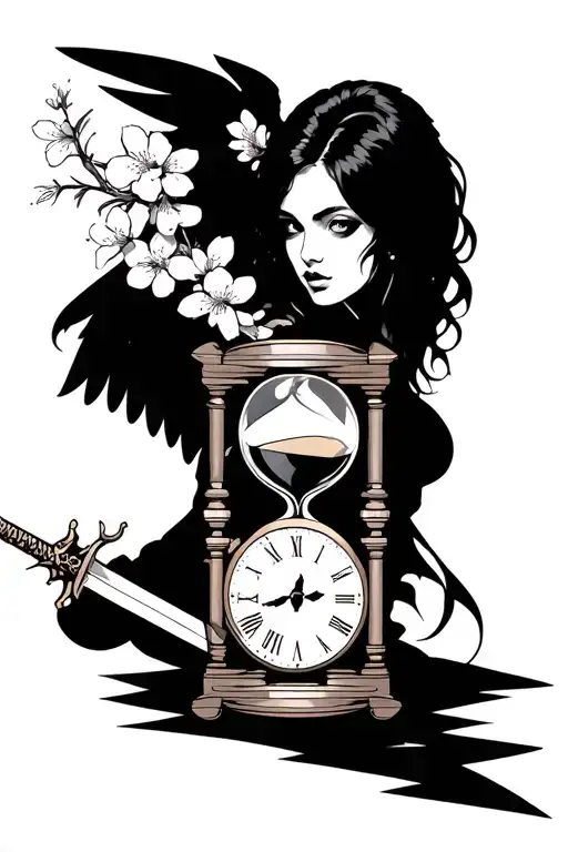 Hourglass Clock Padlock Sexy Woman Shadow Broken Angel Holding A Sword Cherry Blossoms