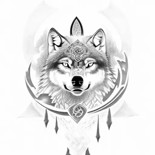 A Black-grey Tattoo Of A Majestic Wolf Surrounded By Intricate Greek Mythological Symbols And Motifs