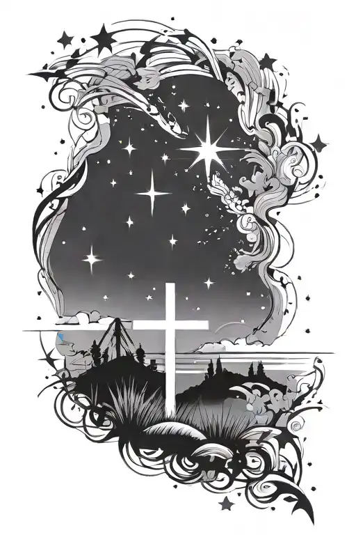 6 Shooting Stars And 1 Falling Star In The Sky Over A Plain Field With A Singular Cross