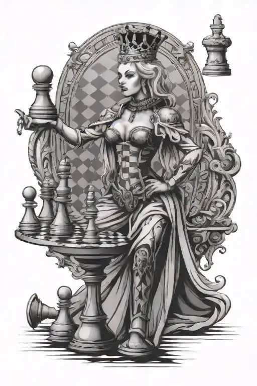 Queen Standing Tall On A Chess Board Surrounded By Her Pieces