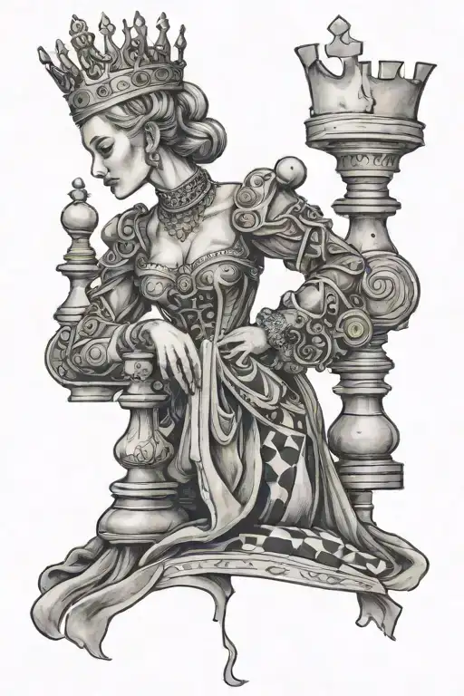 Queen Piece Standing Tall On A Chess Board Surrounded By Her Pieces