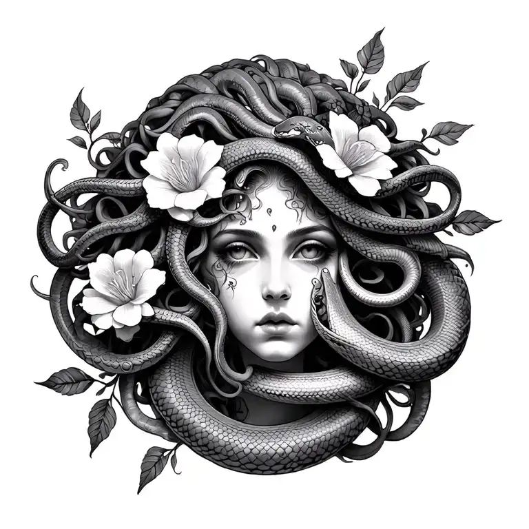 Medusa With Snakes And Flowers Intertwined