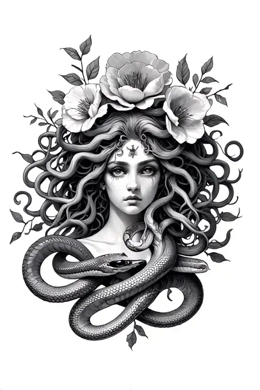 Medusa With Snakes And Flowers Intertwined
