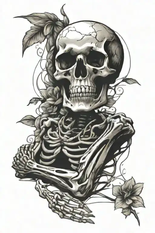 Skeleton Lying On Ground Holding A Flower Looking Up At The Sky