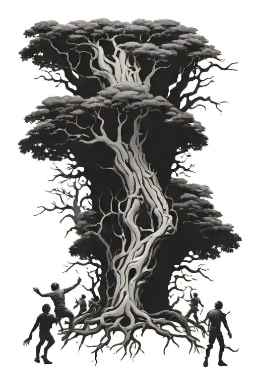 A Crowd Of People Are Crushed By Tree Roots