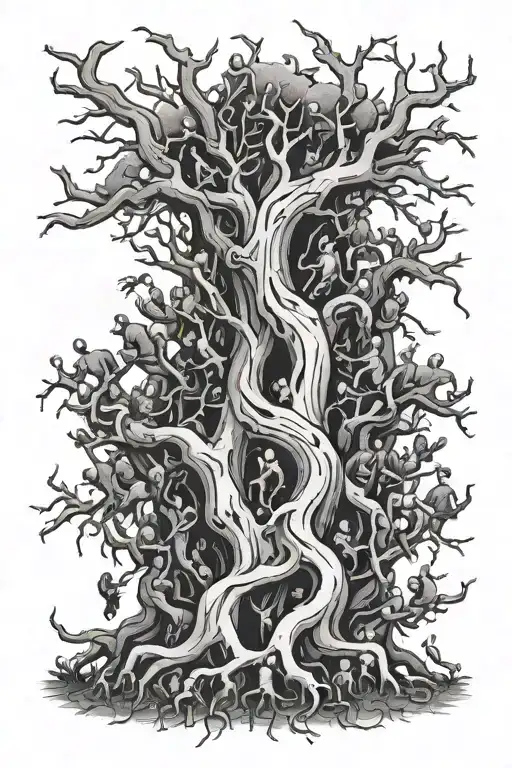 A Crowd Of People Are Crushed By Tree Roots