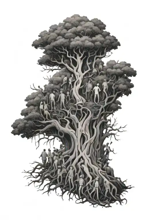 A Crowd Of People Are Crushed By Tree Roots