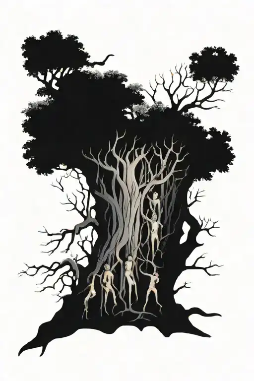 A Crowd Of People Are Crushed By Tree Roots