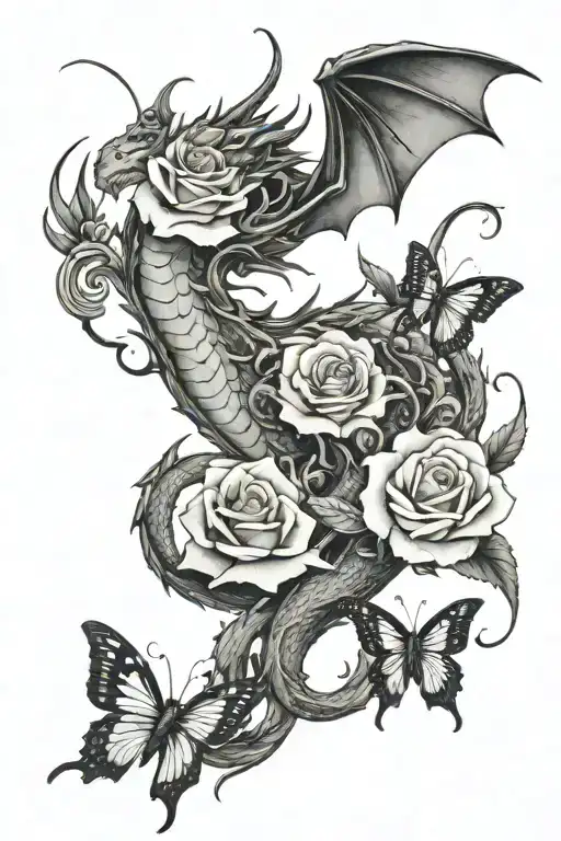 Dragon With Roses And Butterflies Surrounding