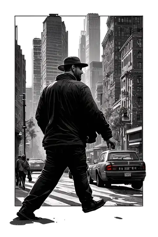 Big Money City In The Background And Man Walking Towards