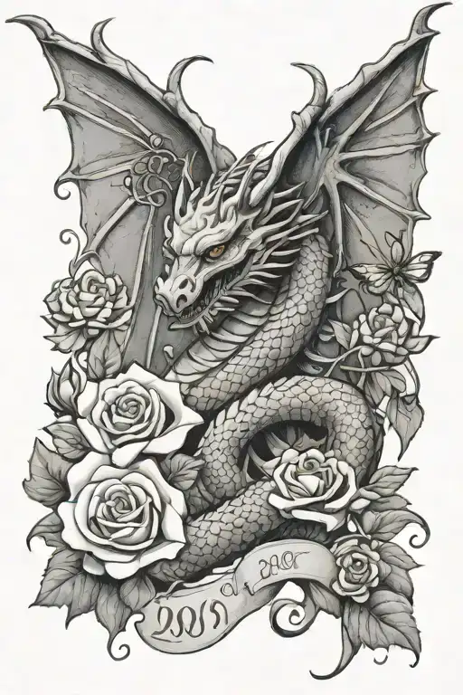 Dragon With The Date 2007 And Roses And Butterflies Surrounding