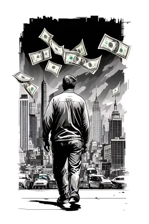 Money City In The Background And Man Walking Towards