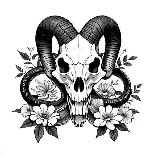 Generate A Tattoo Image Of Ram Skull And Snake And 13 Different Flowers