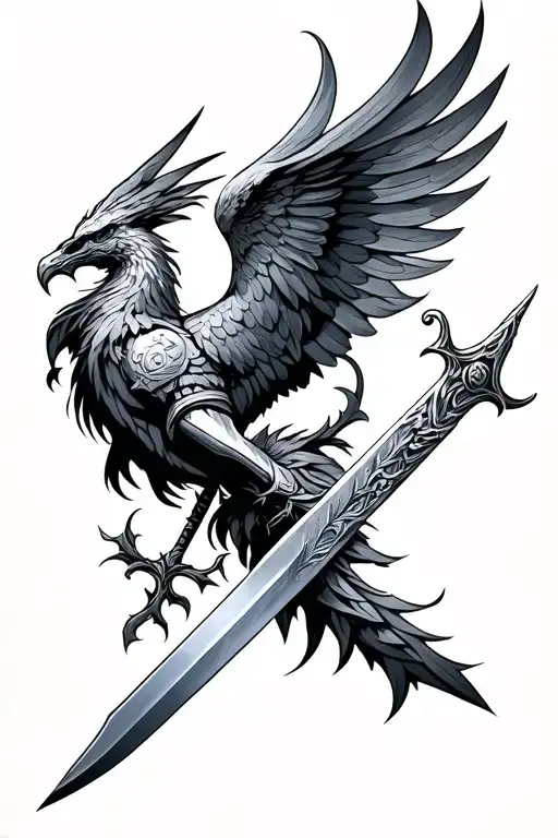 Sword Tattoo With Arm Sheid Armour Shape With Phoenix