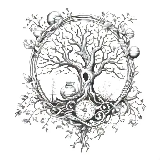 An Intricate Tree Of Life Design With Hidden Gym Equipment And Survival Tools Among The Branches