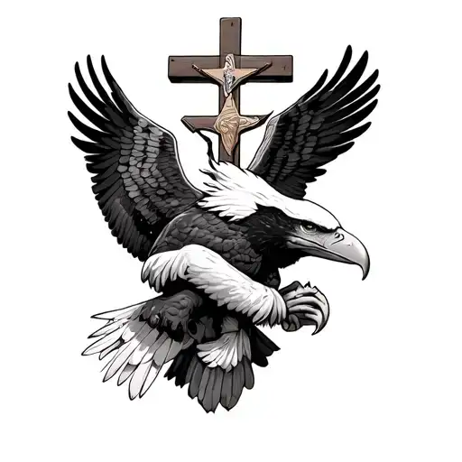 Bald Eagle Embracing A Crucifix And Looking Up As For The Freedom