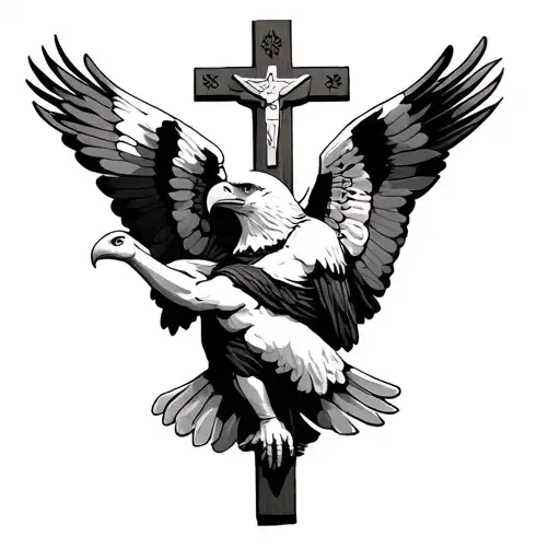 Bald Eagle Embracing A Crucifix And Looking Up As For The Freedom
