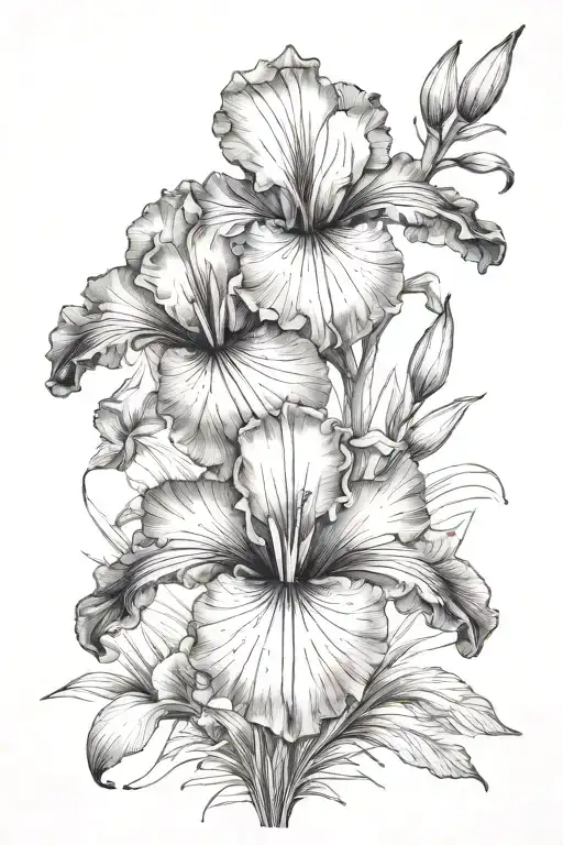Iris And Violet Flower Bouquet Fine Line
