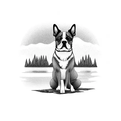 A Serene Landscape Of A Dog Sitting By A Peaceful Lake Nestled Between Majestic Mountains