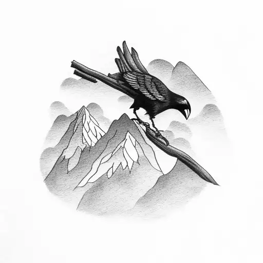 Crow On Branch With Mountains Background With Color Details
