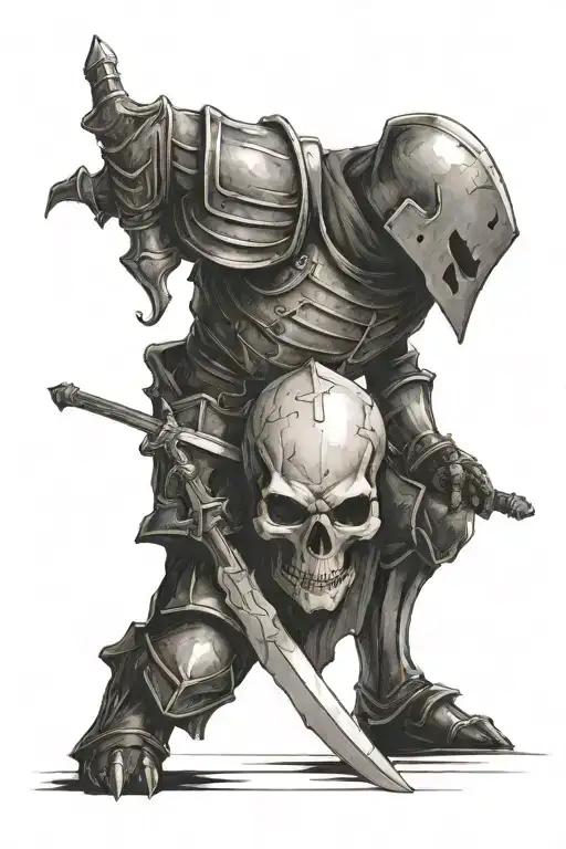 Headless Knight On His Knees With A Skull In His Hand With A Shadow Watching Him
