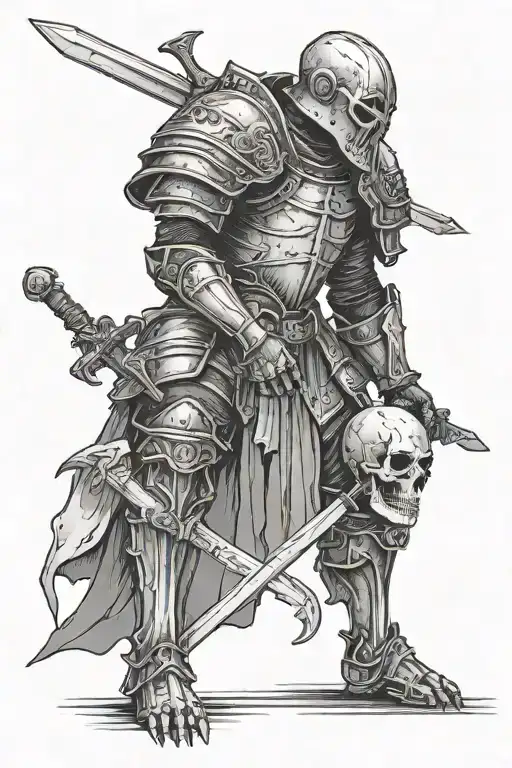 Headless Knight On His Knees With A Skull In His Hand With A Shadow Watching Him