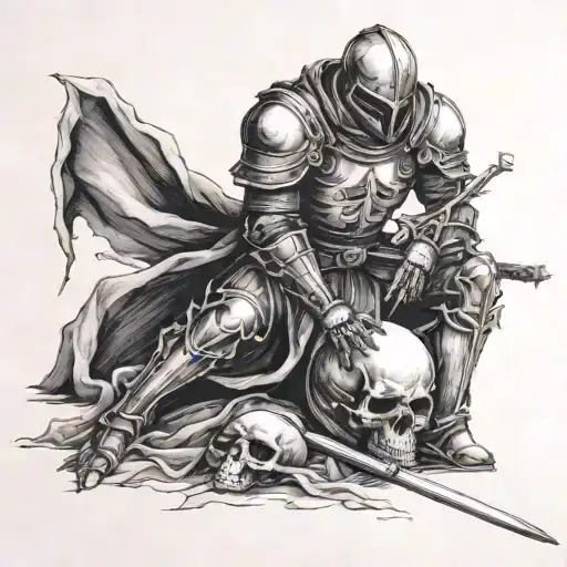 Headless Knight On His Knees With A Skull In His Hand With A Shadow Watching Him